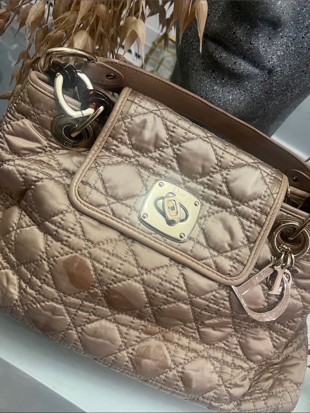 Dior Tan Quilted Shoulder Bag with Gold Hardware